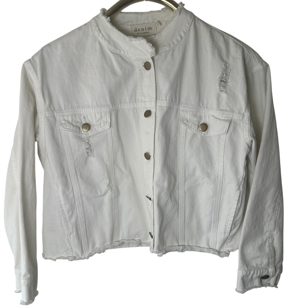Denim by Ellison White Denim Jacket Women S Distressed Frayed Mock Neck RJ2320-6